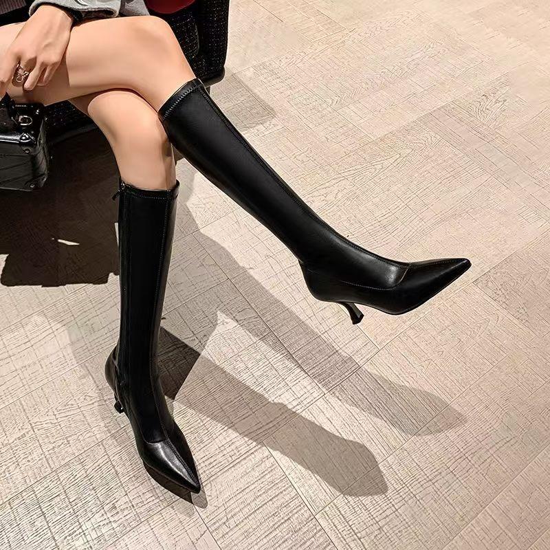 Fashion 7CM Thin Heel Black Long Boots For Ladies Side Zipper Pointy High Heels Knee Boots Women Fashion Autumn Shoes Botas De Mujer