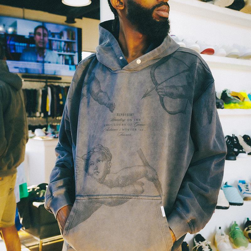 Felpa con cappuccio EastRogue con stampa angelo Cupido, stile high street lavato e distressed, vestibilità ampia, per uomo e donna, in puro cotone