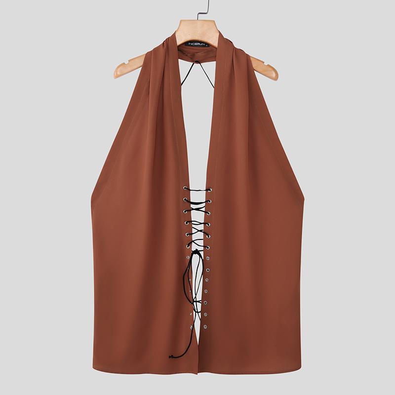 INCERUN Hauts de soirée basiques pour hommes, à col bénitier, sans manches, style bandage, dos nu, débardeurs