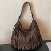 2025 Autumn New Fashion Maillard Style Fringed Bag Women's Bag Retro Tote Bag Large Capacity Underarm Bag