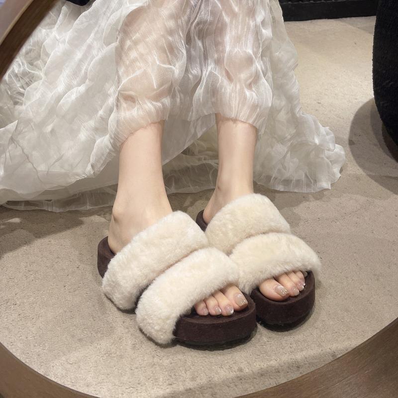Fashion 2025 New Women Fur Slippers Open Toe Shoes Summer Flats Platform Sandals Trend Comfort Home Shoes Casual Flip Flops Slides