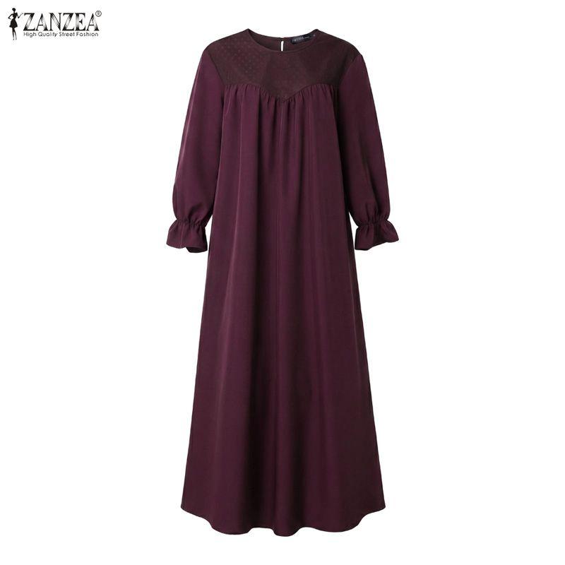 ZANZEA Rochie lungă musulmană lejeră cu mânecă lungă și gât rotund casual pentru femei