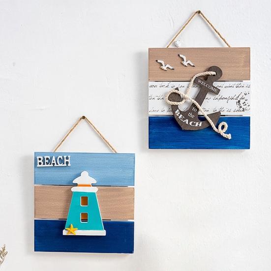 Wood Beach Framed Wall Art Coastal Ocean Theme Wall Hanging Sign with Steer Wheel Conch Sailboat for Bathroom Bedroom Living Room Decor