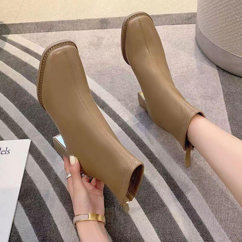 French Style Women's Chunky Heel Square Toe Short Boots - Autumn/Winter Korean Skinny Martin Boots, Fashionable & Versatile.