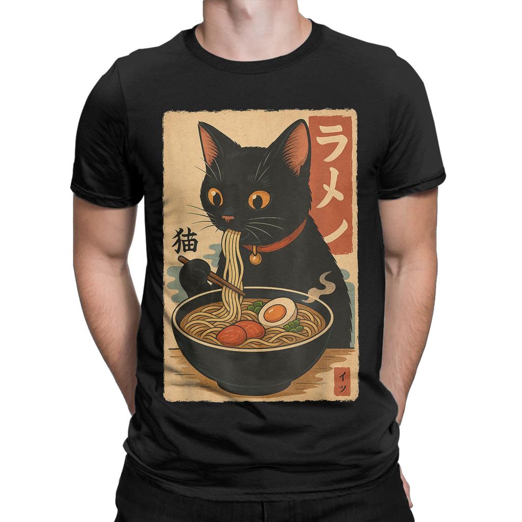 Japanese Black Cat Ramen Men's T Shirt Kawaii Noodle Cat Tee Shirt Short Sleeve Round Collar T-Shirt Pure Cotton Printed Clothes