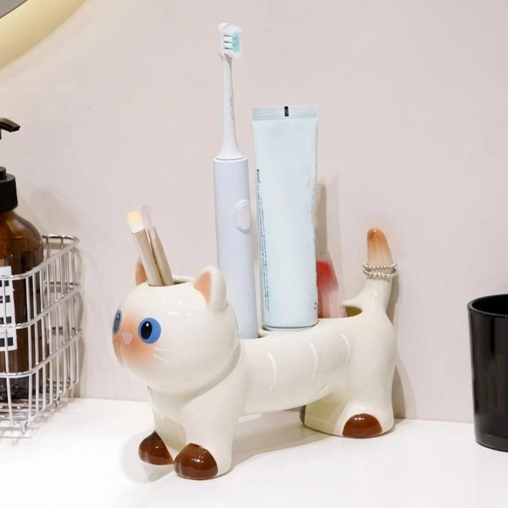 Cat Dog Shape Ceramic Toothbrush Holder 4 Holes Waterproof Electric Toothbrush Stand Cartoon Anti-Slip Base