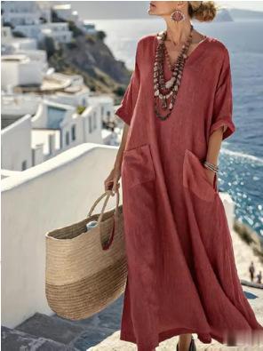 3D digital printing V-neck five-quarter sleeve long pocket Kaftan dress
