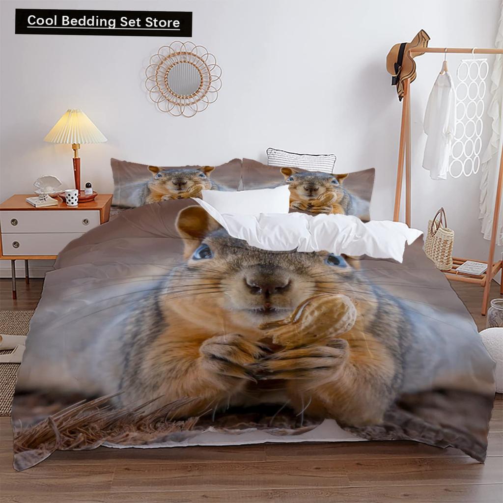 3D Squirrel King Queen Duvet Cover Soft Wildlife Green Leaves Bedding Set for Kids Teens Adults 2 3pcs