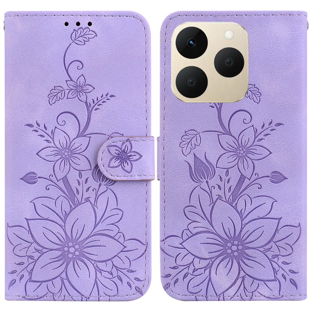 For Realme 15T 5G Stand Case Lily Flower Imprint Leather Phone Cover with Wrist Strap