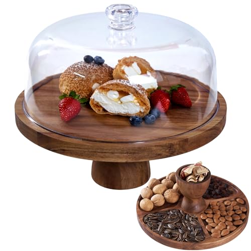 Cake Stand with Lid, Multifunctional 12-inch Round Cake Holder, Acacia Wood 2-in-1 Dessert Table Display Set, Charcuterie Board for Cheese and Fruit,