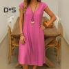 Women's Summer Cotton Linen Midi Dress V-Neck Short Sleeve Dress with Pockets Casual Beach A-Line Sundress