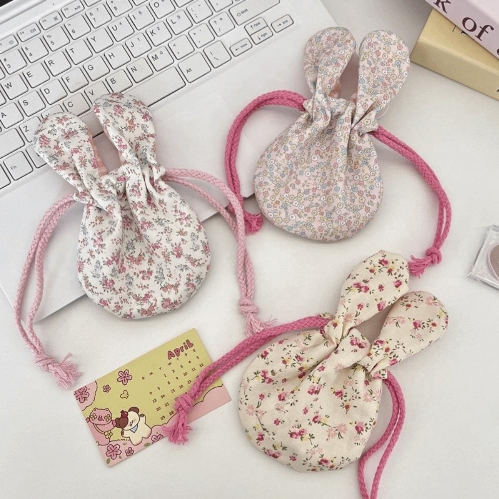 Cute Mini Bunny Ears Storage Bag Portable Drawstring Makeup Storage Bag Multi functional Earphone Coin Purse Travel