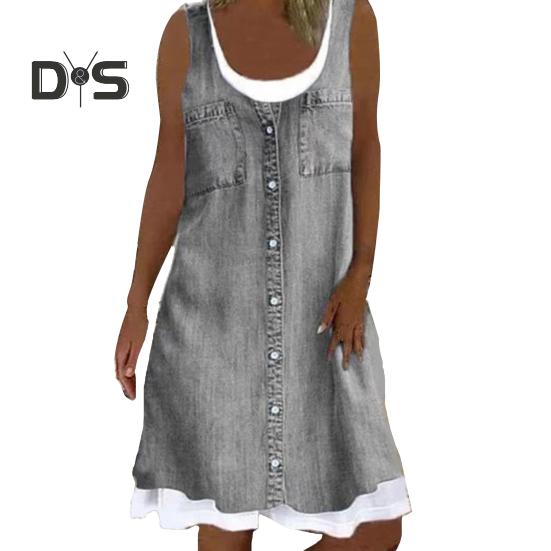 Dámské falešné dvoudílné šaty bez rukávů léto ležérní denimový potisk s výstřihem na tílko Šaty s volným střihem minišaty do A