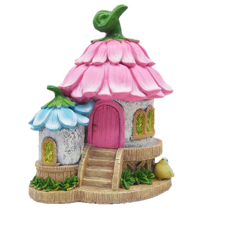 Pink Petal Fairy House Resin Ornament for Garden and Desktop Decor