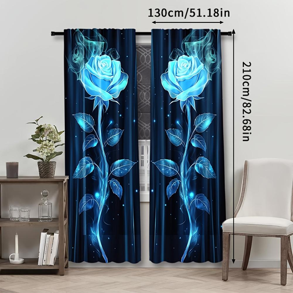 Sheer Blue Rose Curtains Black Background Living Room Bedroom Kitchen Curtain Made Of Polyester With Rod Pocket Washable Great Ready