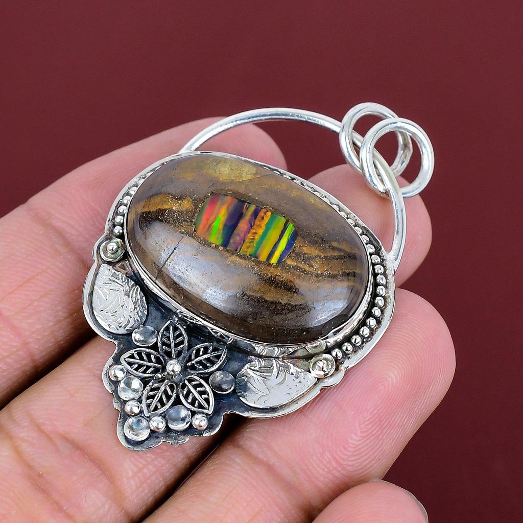 Ethopian opal in boulder opal pendant flower pendant awesome gemstone jewelry 925 sterling silver pendant handmade jewelry anniversary gifts