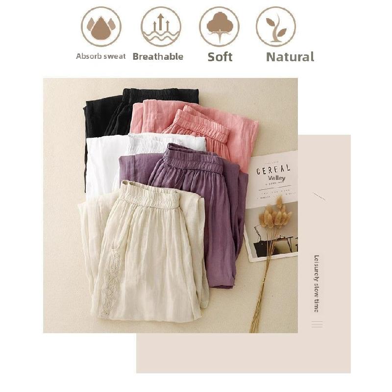 Vintage Embroidered Women's Wide-Leg Pants for Mothers, Summer Thin Elastic Waist Loose Casual Fashion Nine-Point Pants