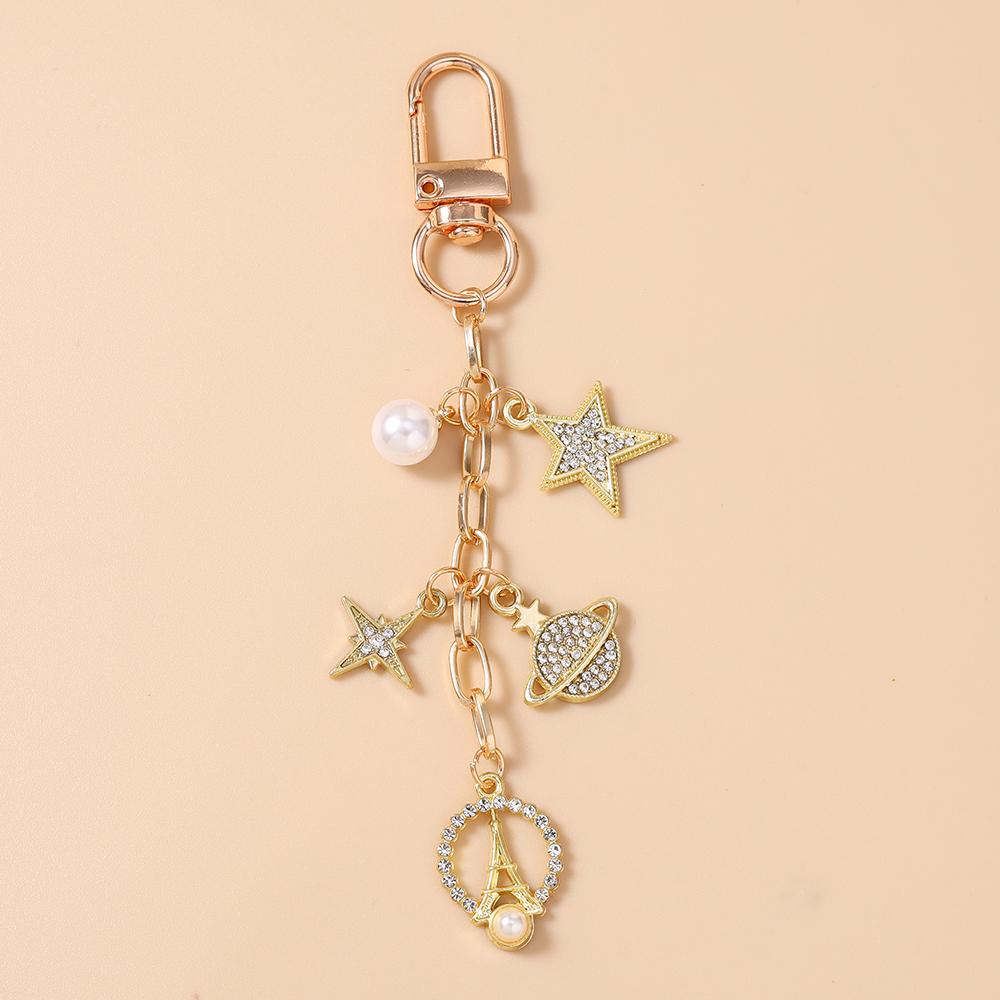 

New Rhinestones Star Keychain Pearl Beaded Key Ring Pendants for Women Girls Handbag Decor DIY Handmade Jewelry Gifts