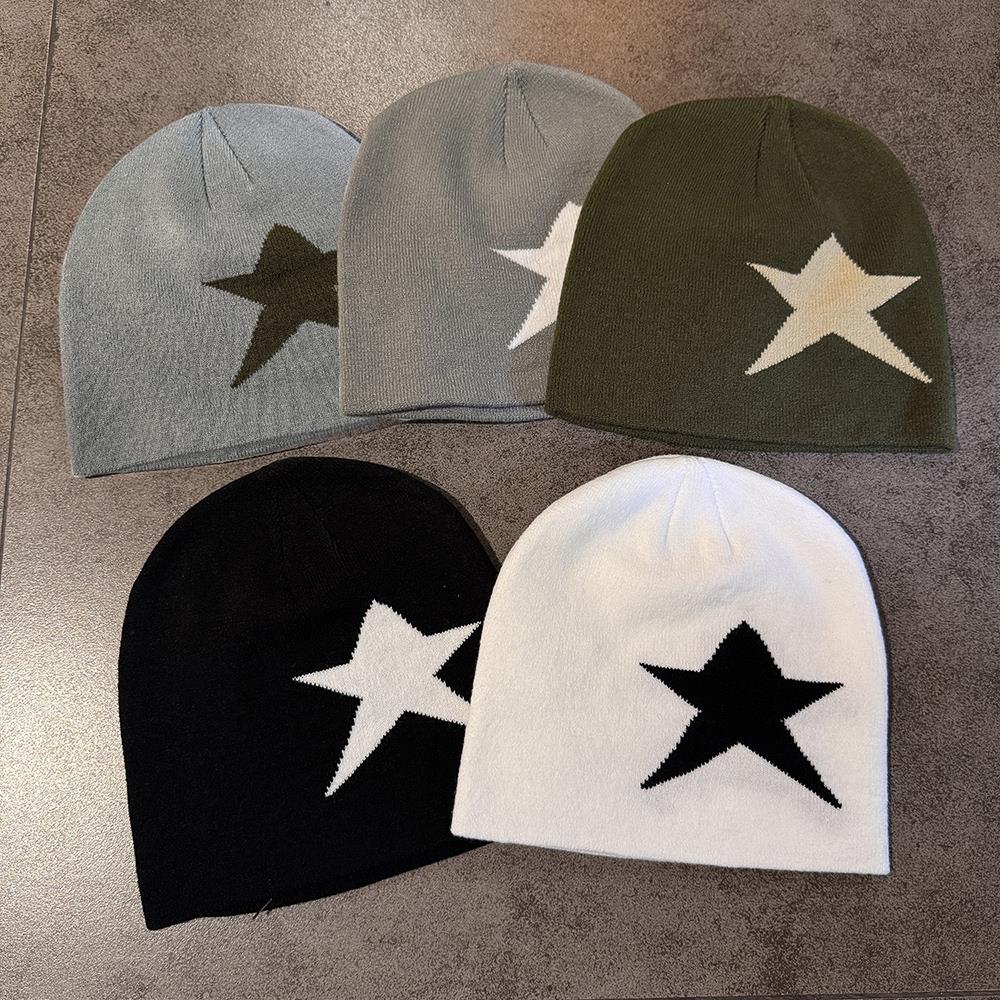 Winter Autumn Warm Knitted Beanies Women Men Y2K Star Pattern Hip Hop Hat Outdoor Cycling Warm Pullover Hat Cold Hat Streetwear