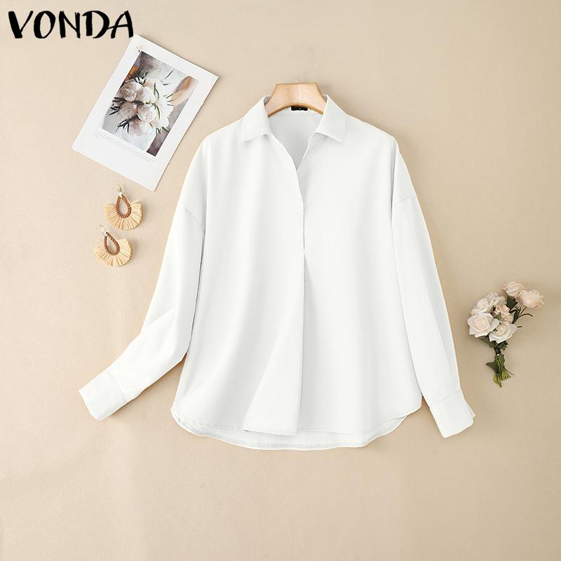 

VONDA Women Elegant Long Sleeve Solid Color Lapel Neck Casual Loose Shirts M белый