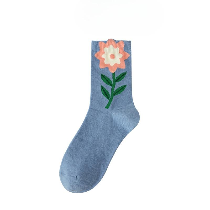 Female Spring and Summer All Match Pure Color Leisure Stereo Floret In The Tube Cotton Socks
