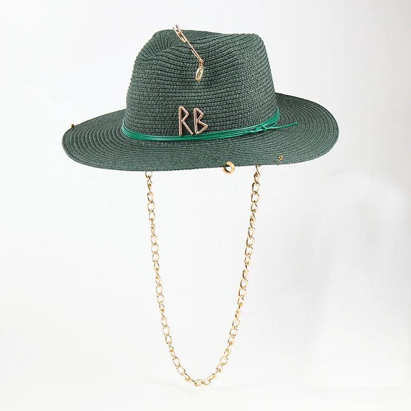 Chain Letter Jazz Hat - Fashionable Foldable Straw Sun Hat For Beach, Outdoor Summer Boho Visor With Adjustable Chin Strap