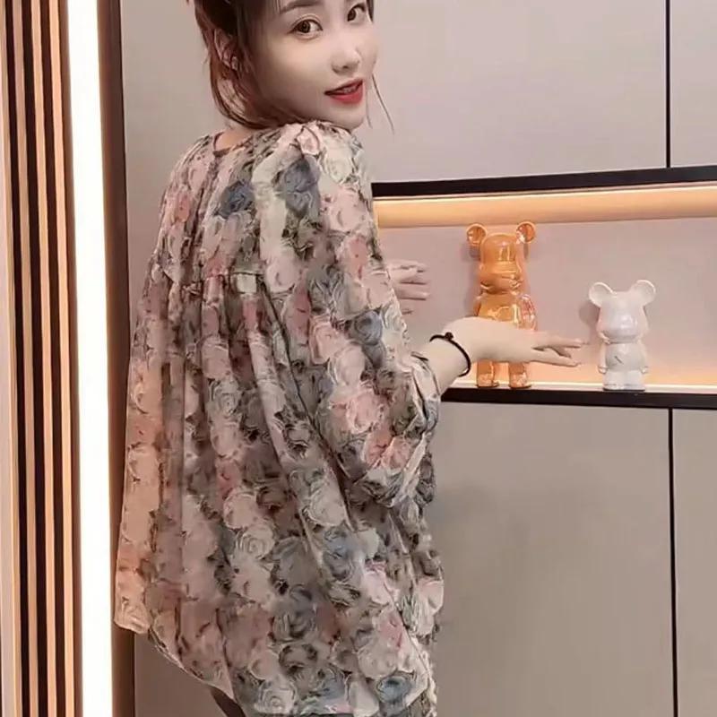 Women Summer Square Collar Chiffon Shirt Design Printing Drawstring Sun Protection Shirt Causal 3/4 Sleeve Tops