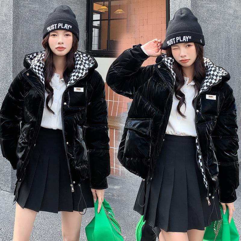 Jachetă scurtă lucioasă cu glugă, călduroasă, cu puf, pentru femei, jachete de iarnă călduroase