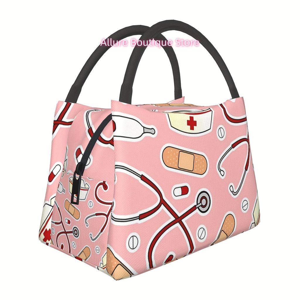 1pc Nurse Pattern Reusable Cooler Bag, Insulated Lunch Bag, for Camping Picnic Beach Suitable for School, Classroom,