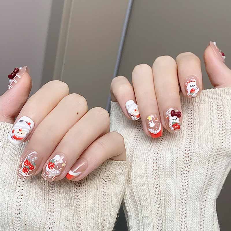 10 Pcs Cute Christmas Press On Nails Short Santa Bow Strawberry Rabbit Design Detachable Nail Stickers For Women