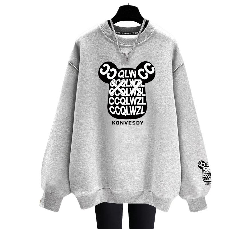 Cartoon pure cotton crew neck sweater women's 2025 autumn and winter velvet thickened casual fashion lazy wind loose large size women's clothing