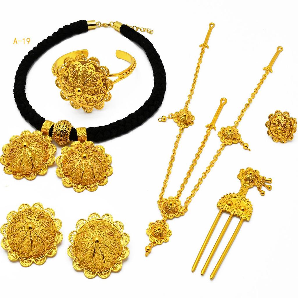 Set di Gioielli in Lega Placcata Oro Vietnamita per Spose Africane: Ornamenti Etiopi da Donna in Sei Pezzi.