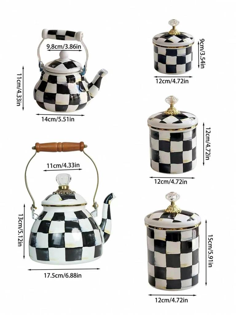 Checkered Black & White Enamel Kettle with Diamond Lid, Wooden Handle, Angled Spout, 2L Capacity - Classic All-Season Teapot
