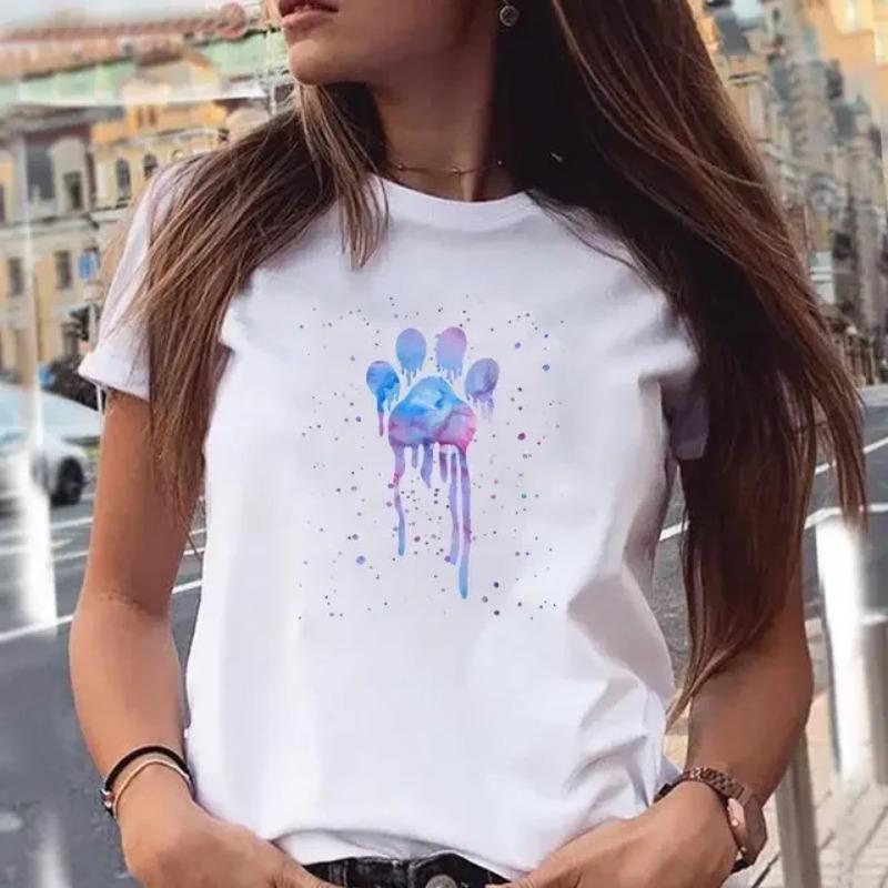 Women T-shirts Love Trend Style Dog Paw Cartoon Animal Pet Summer Graphic Print Female Stylish T Top Shirt Girl Tee T-Shirt