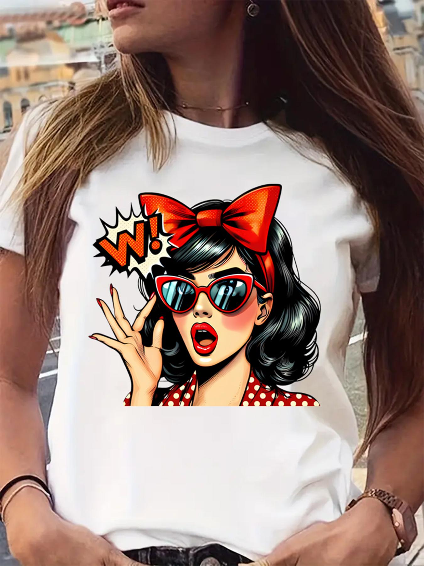 Pop Art Girl with Red Bow Sunglasses Wow T-shirt XXL