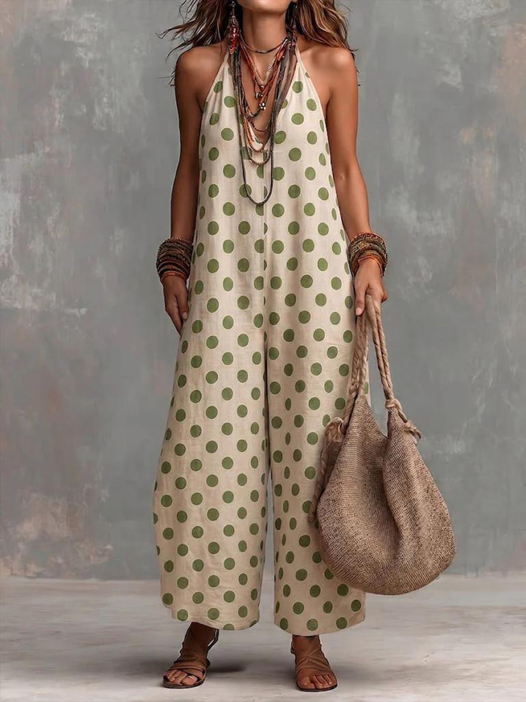 2026 European and American New Summer Cross-border Retro Polka Dot V-neck Loose Polka Dot Jumpsuit Sleeveless Straight Jumpsuit