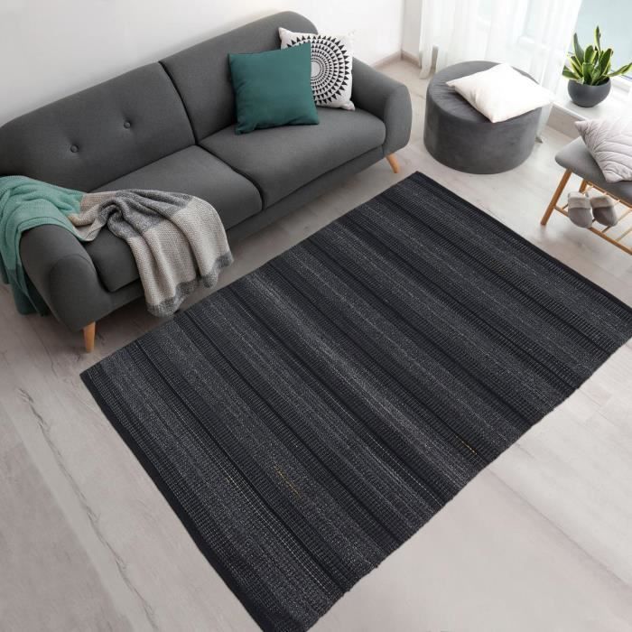 Tapis salon - UNAMOURDETAPIS - VRELO - Noir - Polyester - Tissé à la main - Fait en Inde