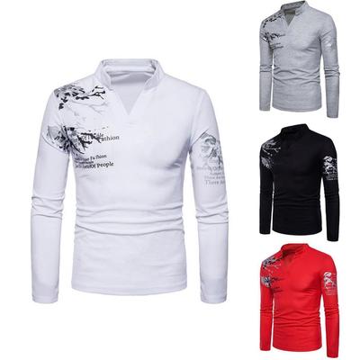 Men Flower English Letter Print V-Neck T-Shirt Stand Collar Long Sleeve Tee Top