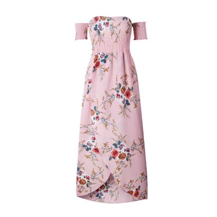 Women Off Shoulder Long Maxi Beach Dress Floral Print Chiffon Summer