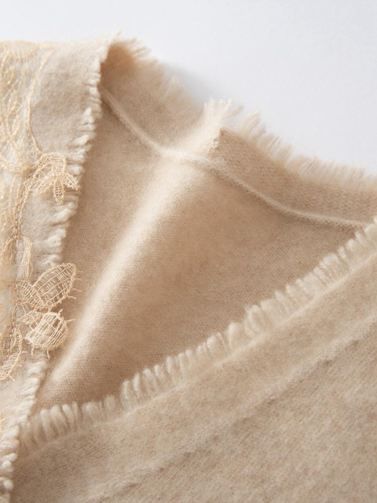 2025 A/W Women's V-neck Lace Cashmere Cardigan Sweater - Solid Color, Loose Fit