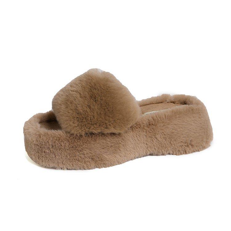 

Thick-soled fluffy slippers for women to wear 2025 new autumn and winter rabbit fluffy fluffy shoes one-word cotton slippers 40