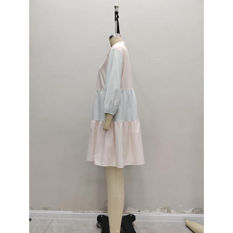 Women's Spring Summer Pink Blue Color Block Stripe Shirt Dress Lapel Collar Lantern Sleeve Patchwork Ruffle Hem Loose Casual Mini Dress