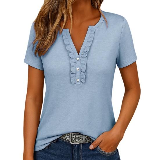 

Women Tops V Neck Ruffle Trim Buttons Half Placket Short Sleeve Regular Fit Casual T-shirt Pure Color Summer Tops S небесно-голубой