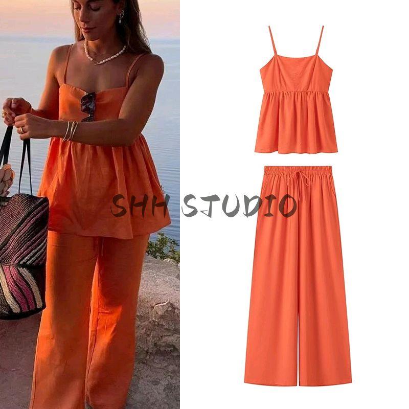 Spring New Women's Clothing Casual Pure Color Short Camisole Tops + Loose Mid Waist Long Pants Suit