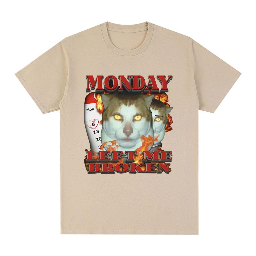 Funny Monday Left Me Broken Cat Meme Graphic T Shirt Men Cotton Casual Short Sleeve T-shirt Fashion Vintage Summer T-shirts
