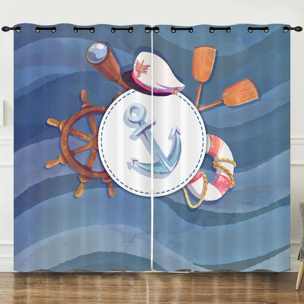 Curtains Nautical Anchor 3D Digital Printing Blinds Blackout Punching Can Be