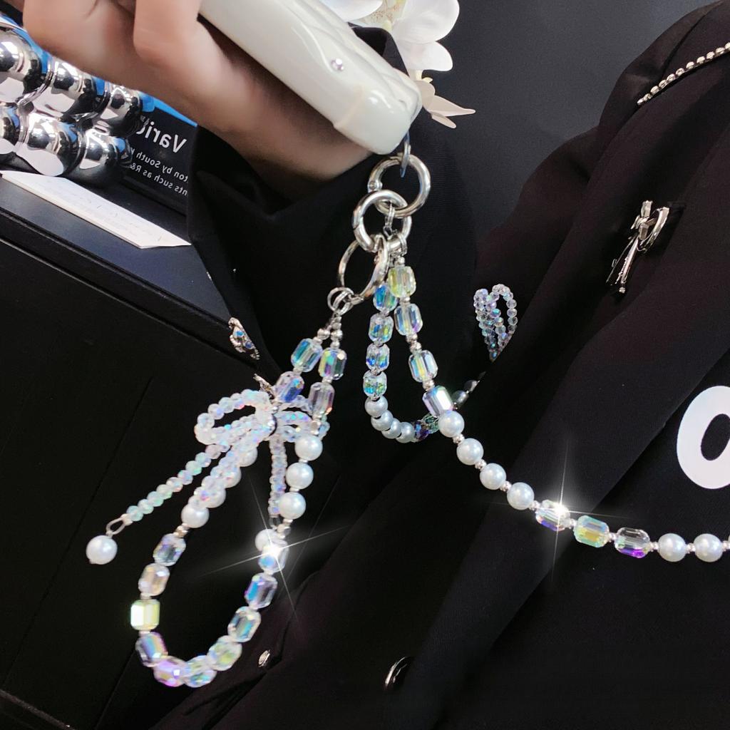 Crossbody Bowknot Phone Chain Simple Handmade Beaded Crossbody Phone Chain Bead Style Wrist Crystal Hanging Chain for Women