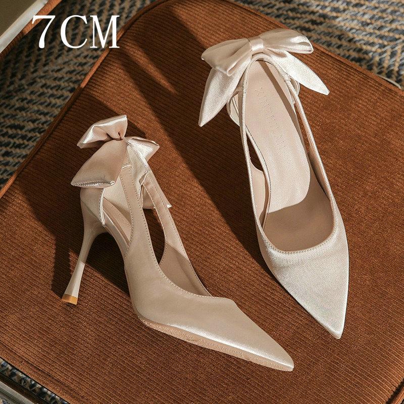 2024 Spring And Summer New White Pointy High Heels Ladies Thin Heel Single Shoes Butterfly Wedding Shoes Small Bride Shoes