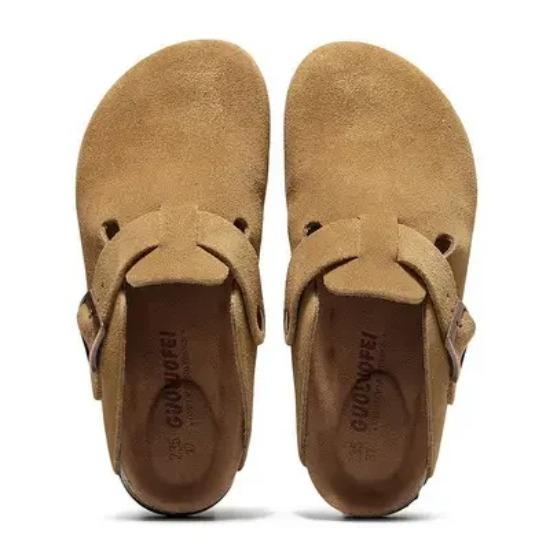 Guoluofei Clogs Damen Herren Kuh Wildleder Echtleder Runde Zehen Pantoffeln Outdoor Casual Strand Kork Sandalen