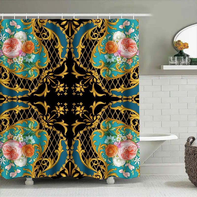 Vintage Baroque Floral Printed Shower Curtain for Bathroom Decor Black Background with Gold Trim.
